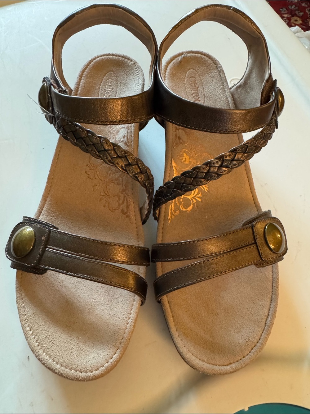 Aetrex Bronze  Braided Leather Wedge Sandals with Decorative Buttons